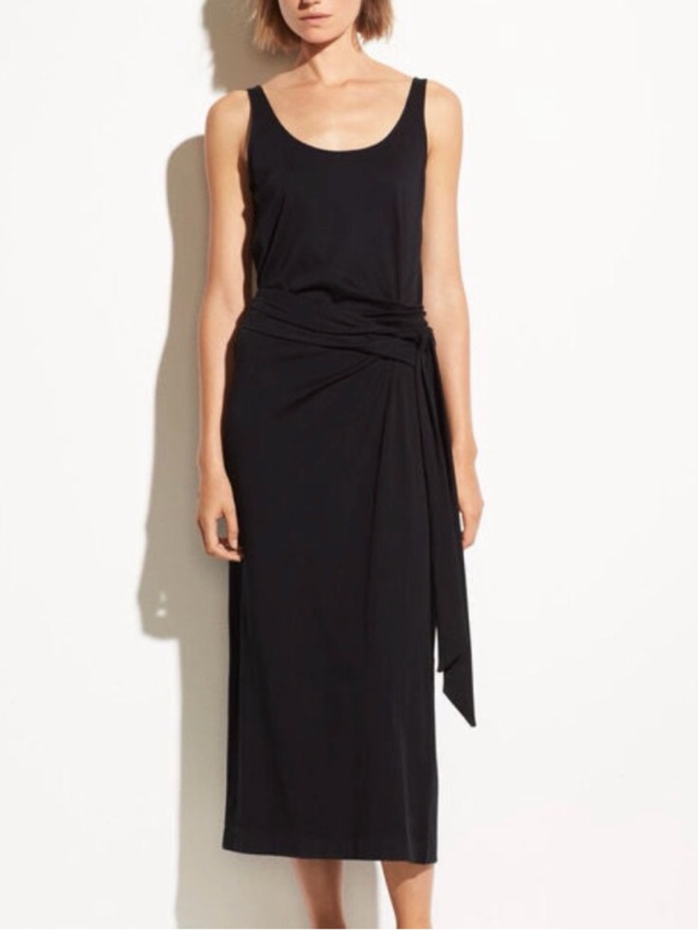NWT Vince Women's Scoop Back Wrap Waist Pima Cotton Weekend Dress Black L